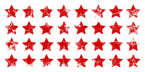 Red vintage stars with cracks and stains. Old hand-drawn sign, black simple shape. Retro design element with distressed effect, grunge texture. Vector illustration