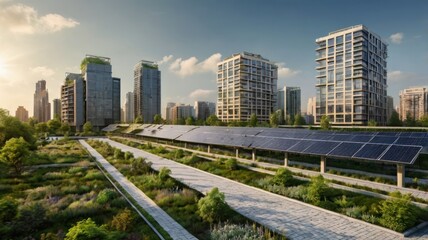 Obraz premium Modern urban landscape featuring sleek skyscrapers and solar panels under a clear sky.