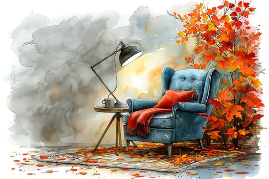 Watercolor illustration of a cozy autumn interior with armchair and lamp