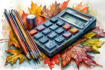 Watercolor illustration of school supplies and autumn leaves on white background