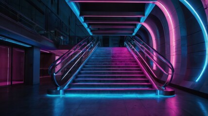 A modern staircase illuminated with vibrant pink and blue neon lights in a contemporary architectural setting.