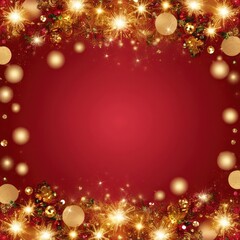 Festive red background adorned with golden and sparkling decorations for a joyful holiday season.