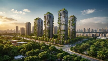 Naklejka premium A stunning skyline featuring modern high-rises intertwined with greenery at sunset, showcasing urban architecture and nature's harmony.