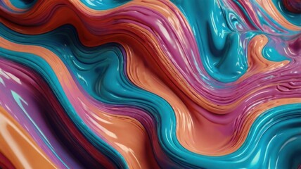 A vibrant swirl of glossy textures in blue, orange, and pink hues, creating an abstract wave...