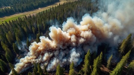 Aerial view of dense smoke rising from a forest fire, surrounded by tall evergreen trees under a clear sky.
