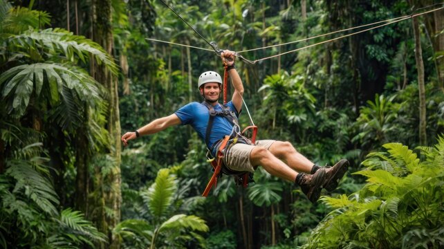 Male adventurer zip-lining through lush tropical rainforest, enjoying an exhilarating experience amidst vibrant greenery.