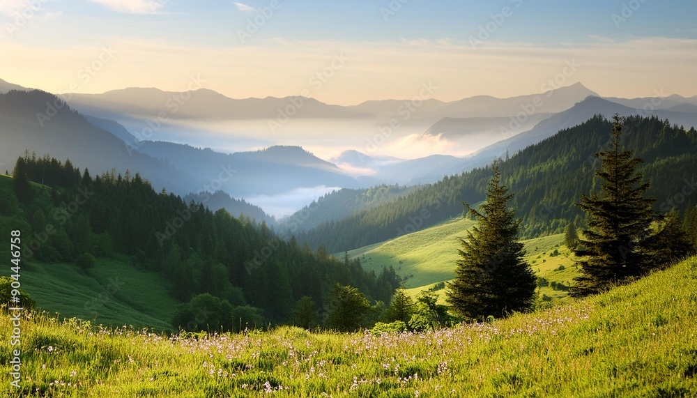 Canvas Prints serene landscape of lush green mountains with misty valleys trees and wildflowers