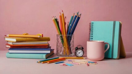 A colorful study setup featuring a stack of books, vibrant pencils, a notebook, a clock, and a cup on a pink background.