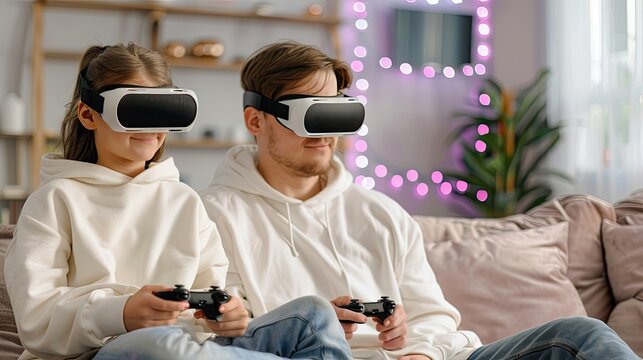 A father and daughter joyfully play a virtual reality game, wearing VR headsets while sitting on a couch in their cozy living room