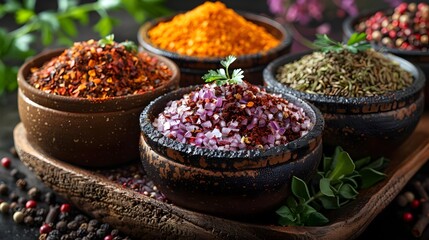 A wooden tray with four bowls of different colored spices