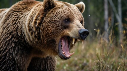 A fierce brown bear roaring in the wild, showcasing its powerful presence and striking features.