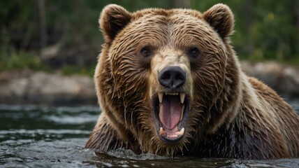 Obraz premium A powerful brown bear roars loudly while partially submerged in water, showcasing its impressive features and fierce expression.