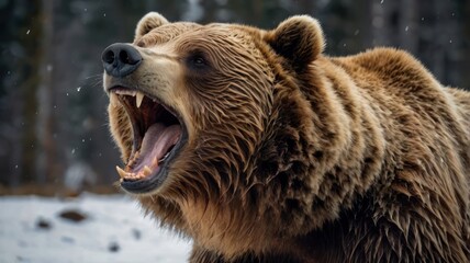 Obraz premium A powerful brown bear roaring in the snow, showcasing its strength and majestic features amid a serene winter landscape.