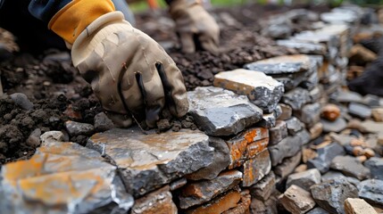 Obraz premium A person is laying bricks on a wall