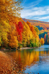 Obraz premium autumn forest in the fall, colorful autumn background or wallpaper