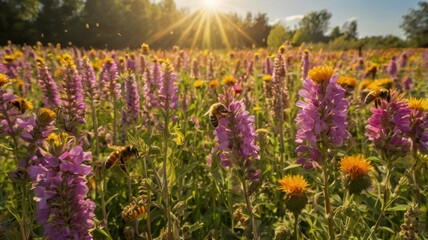 A vibrant field filled with purple and yellow wildflowers, buzzing bees, and sunlight filtering through the trees at golden hour.
