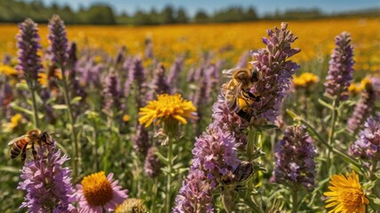 Obraz premium A close-up of bees pollinating vibrant purple and yellow flowers in a sunny field, creating a serene and lively atmosphere.