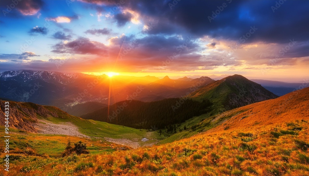 Poster majestic sunset in the mountains landscape hdr image