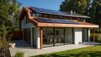 Modern sustainable house with solar panels, featuring a spacious outdoor area and natural landscaping.