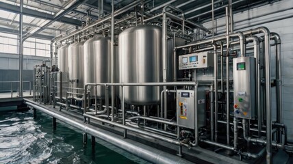 Industrial stainless steel equipment in a modern processing facility.