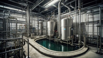 Industrial processing facility showcasing large stainless steel tanks and intricate piping, reflecting a modern manufacturing environment.