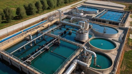 Aerial view of a modern wastewater treatment facility showcasing blue water tanks and industrial infrastructure.