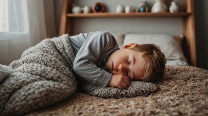 Fototapeta premium A serene Caucasian boy peacefully sleeping on a cozy bed, wrapped in a soft blanket, with gentle sunlight filtering through the curtains.