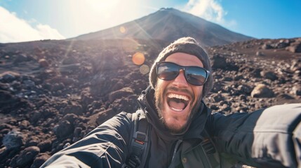Young happy Caucasian male taking a selfie against a stunning mountainous volcanic landscape backdrop