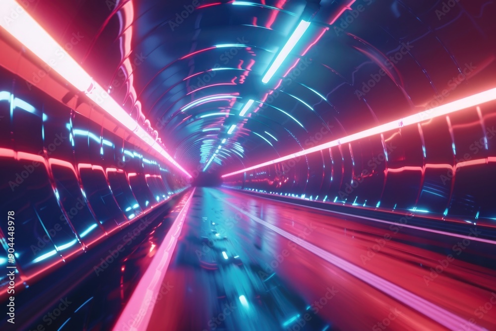 Poster a train moving through a dark tunnel illuminated by red and blue lights
