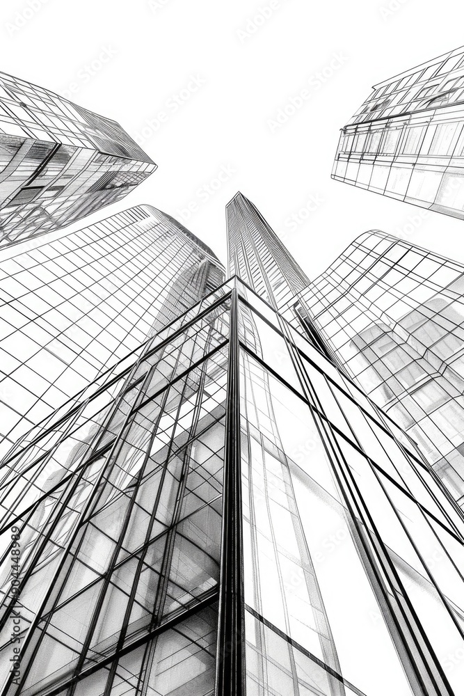 Poster a close-up view of a tall building in black and white