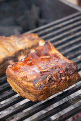 Close up marinated pork ribs are cooked on the coals of a barbecue