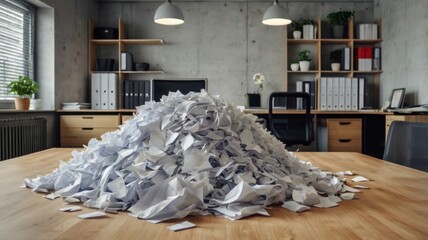 A chaotic pile of crumpled papers dominates a modern office workspace, reflecting productivity and the challenges of organization.