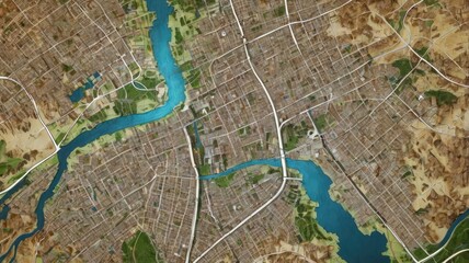 Obraz premium Aerial view of a detailed city map, showcasing waterways and urban layout.