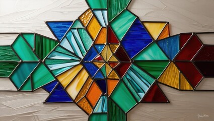 Vibrant stained glass artwork featuring geometric shapes in various colors, creating a striking visual centerpiece.