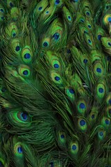 Obraz premium A vibrant display of peacock feathers showcasing striking emerald green hues and mesmerizing blue eye patterns.