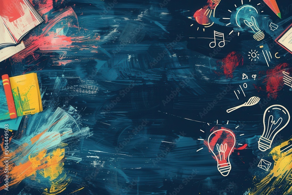 Aufkleber a chalkboard adorned with vivid brush strokes showcases drawings of education-related items, inspiri