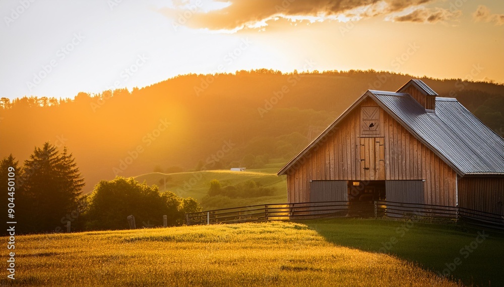 Poster dusk settles over hillside barn evening warm sunlight hitting a wooden barn