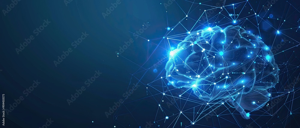 Poster brain made of glowing connections on blue background, artificial intelligence concept design with ne
