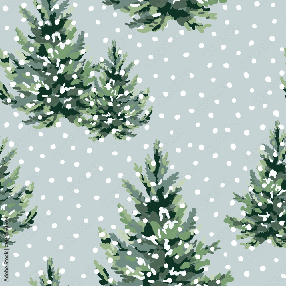 Wall mural Christmas seamless pattern, fir trees, snow, gray background. Vector illustration. Nature design. Season greeting. Winter Xmas holidays