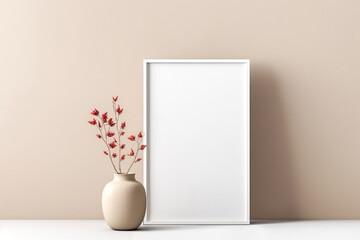 White frame with beige vase and brown leaves on branches against a beige wall background. Concept of minimalistic, warm aesthetics. Simplicity and modern interior design. Mockup, mock up, copy space