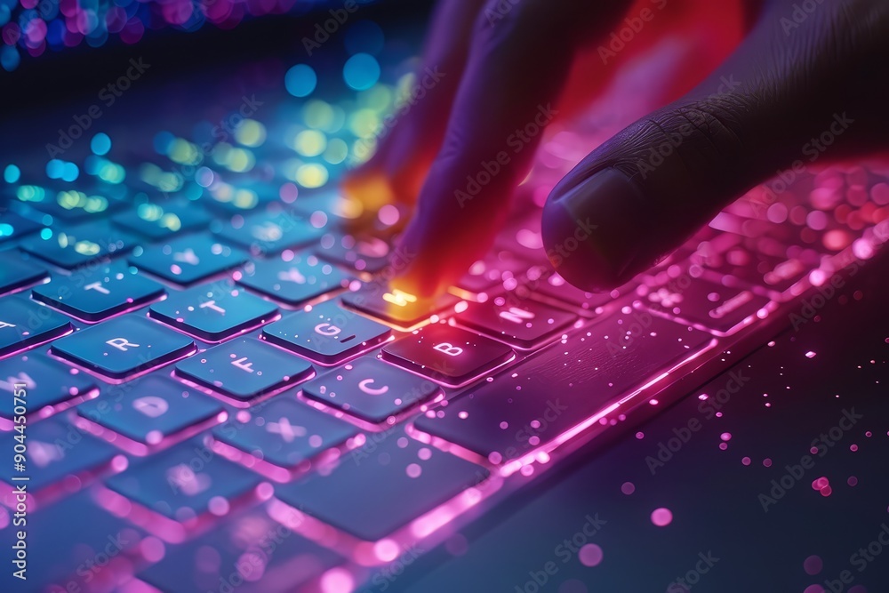 Poster vibrant neon-lit keyboard with a finger pressing a key, highlighting modern technology, gaming, and 