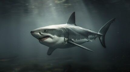 Fototapeta premium Great White Shark Swimming in Underwater Grass at Dusk