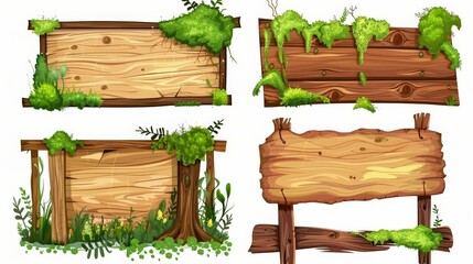 Naklejka premium A group of rustic-themed signboards covered in moss and green foliage. These wooden boards provide an aged yet lively look, suitable for outdoor or nature-themed decor.