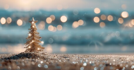 Miniature Christmas Tree With Lights on Sandy Beach at Sunset