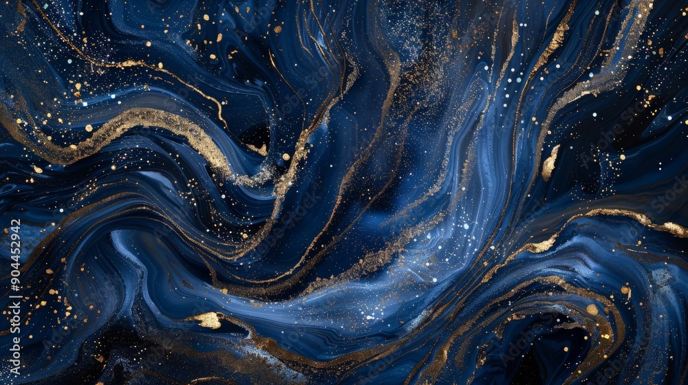 Aufkleber an exquisite abstract art piece showcasing a fluid pattern of navy and gold, embodying luxury and el