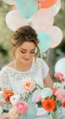 Fototapeta premium Elegant Floral Centerpieces at Outdoor Celebration With Balloons