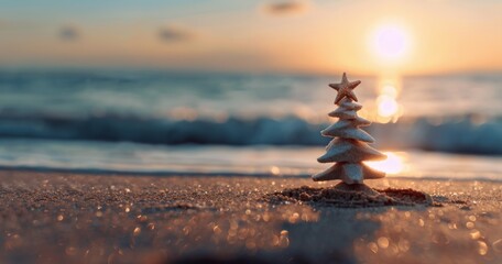 Miniature Christmas Tree With Lights on Sandy Beach at Sunset