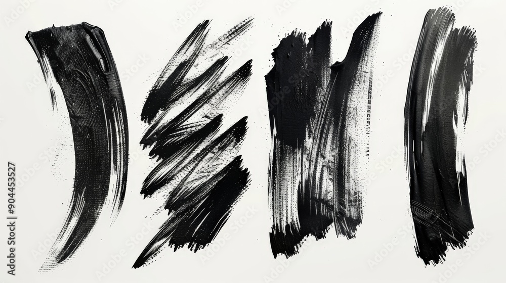 Poster a set of expressive black paint strokes featuring a rich textured effect set against a white backgro
