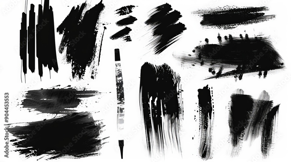 Leinwandbilder The image showcases an array of diverse black brushstrokes, each with variety in texture and form against a white canvas, embodying fluidity and artistic expression.