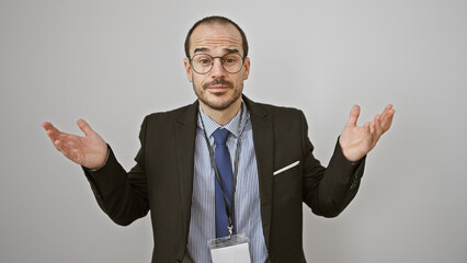 A bald, bearded man in a suit gestures uncertainly against a white background, wearing glasses and a lanyard.